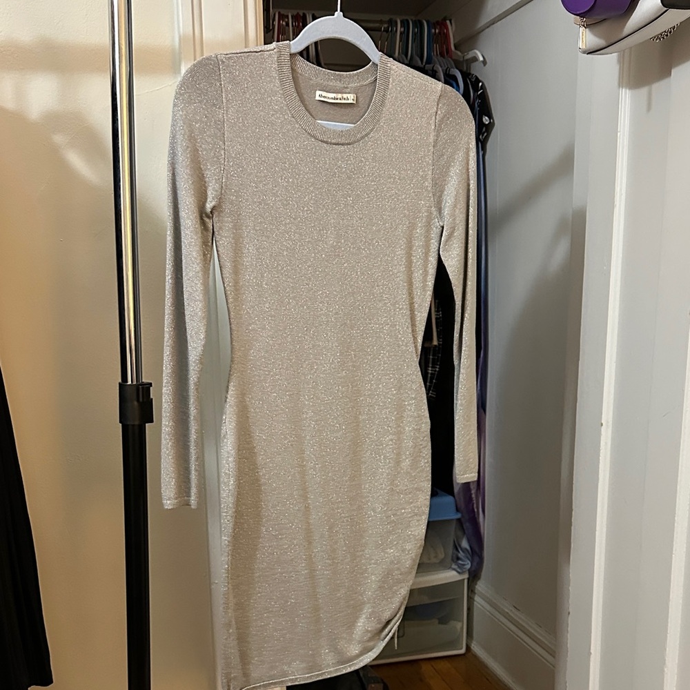 Abercrombie & Fitch Silver Sparkle Long-Sleeve Bodycon Dress